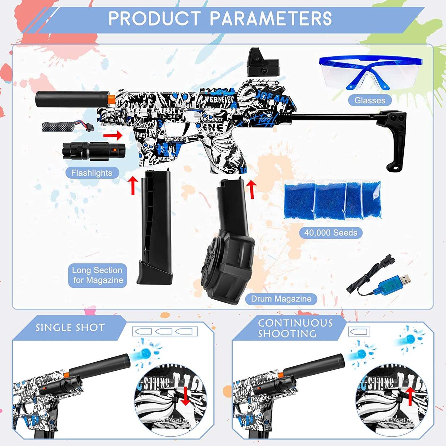 Caissa MP7 MP17 MP17-Pro Manual & Automatic Dual Mode Gel Ball Blaster Gun Pistol with Adjustable Tail - caissatoy