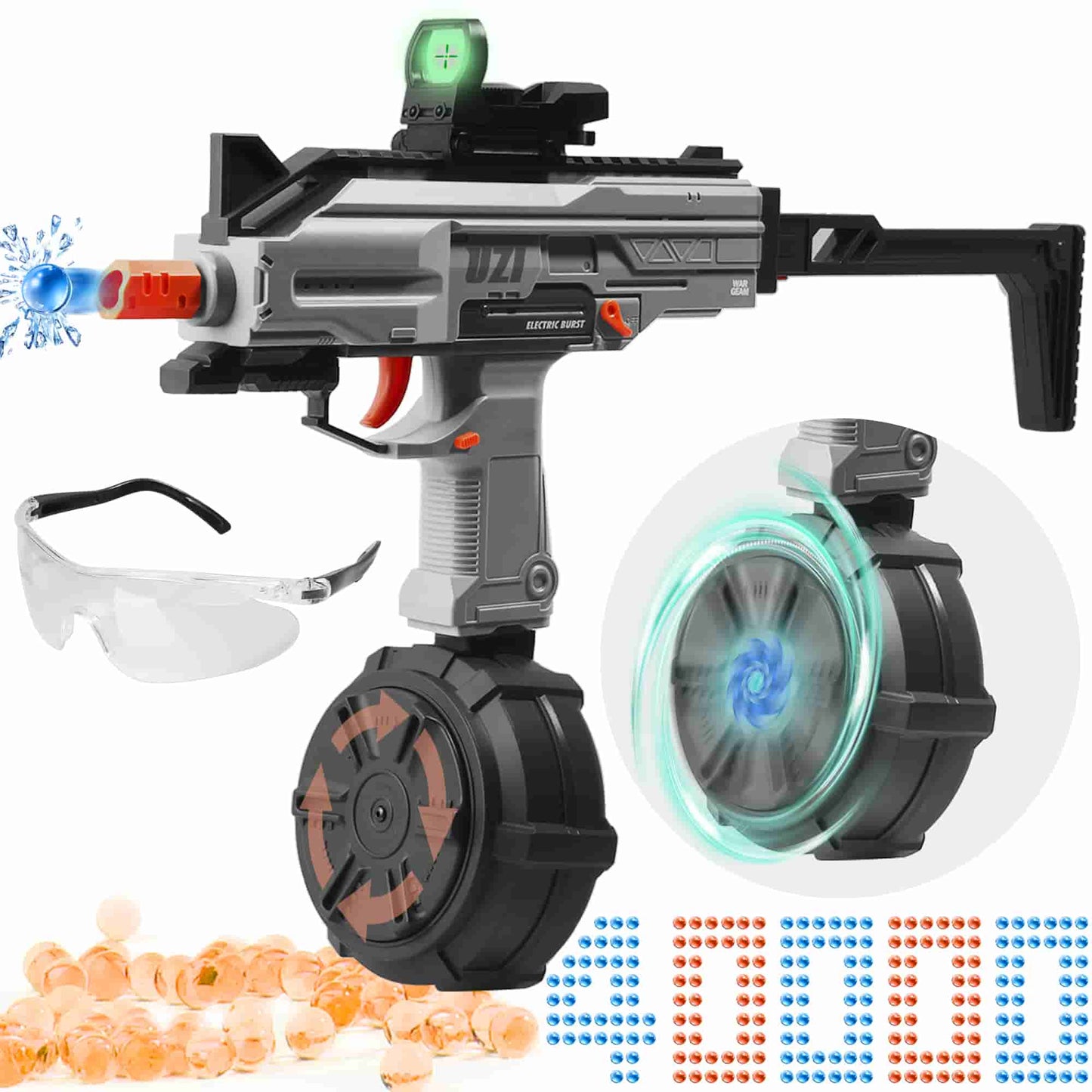 Caissa Uzi Automatic Gel Ball Blaster Gun Pistol with High Capacity Drum caissatoy